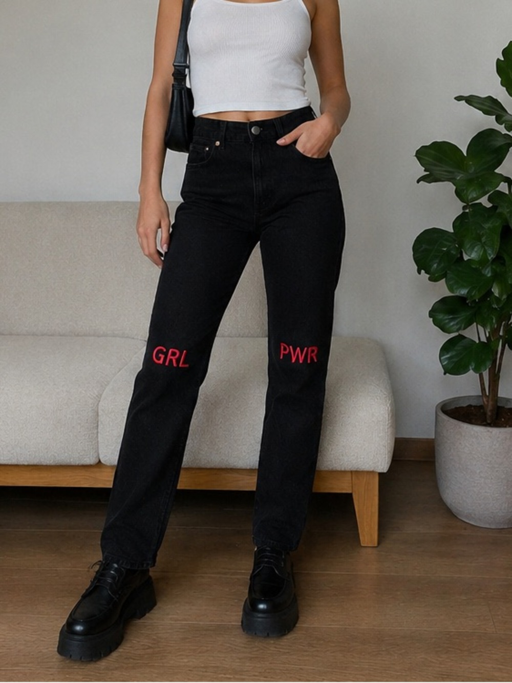 Monki GRL PWR Black High Rise Straight Leg Jeans Size 27 Embroidered Denim